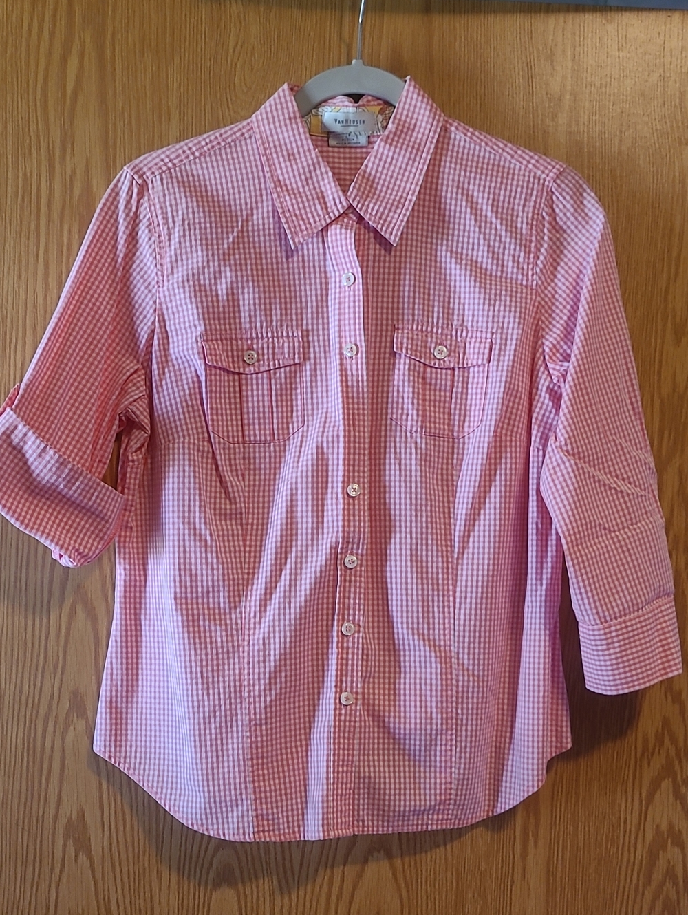 Van Heusen Pink Gingham 3/4 Length Sleeves Button-Down Shirt